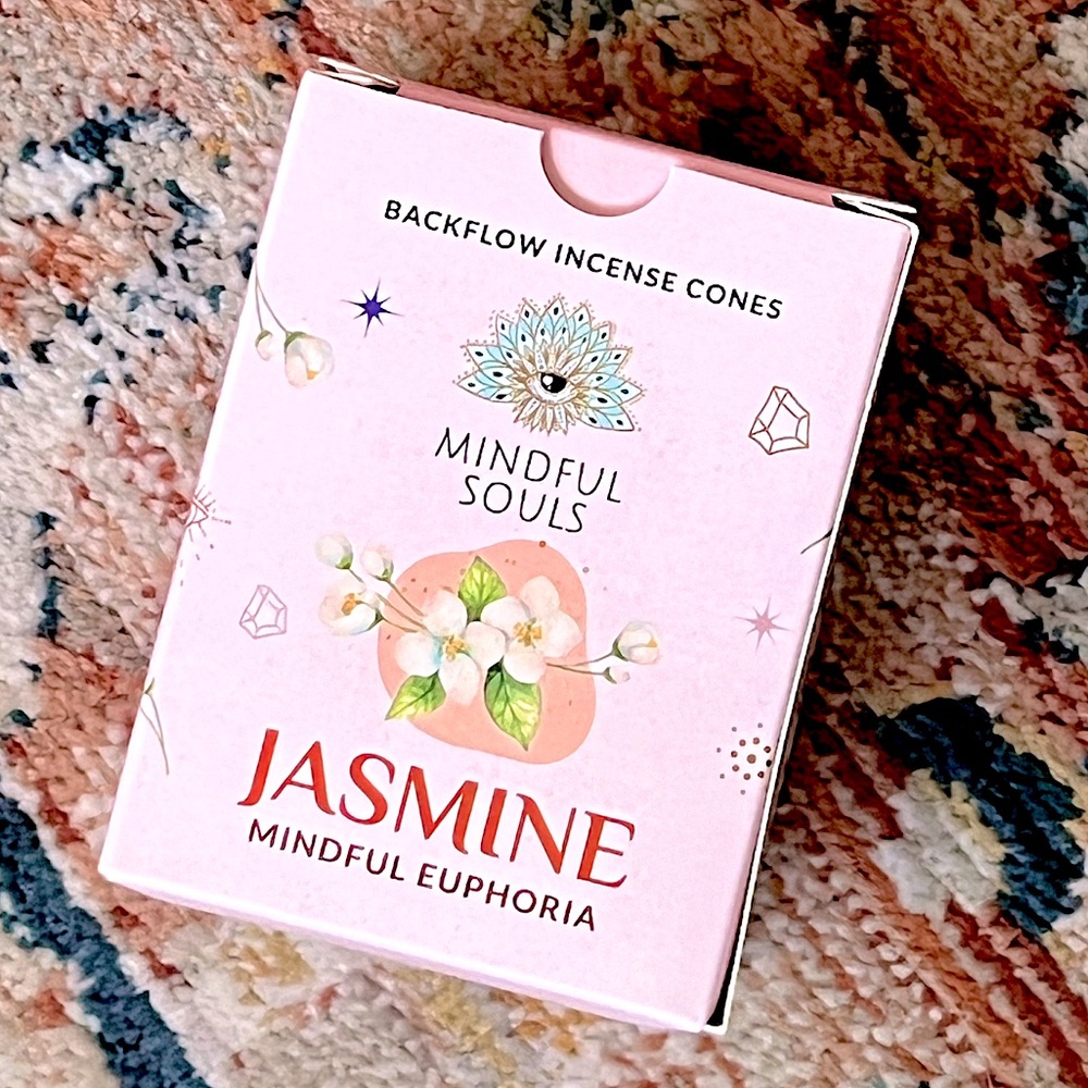 Jasmine Backflow Incense Cones by Mindful Souls. Sealed Bag in Box.
